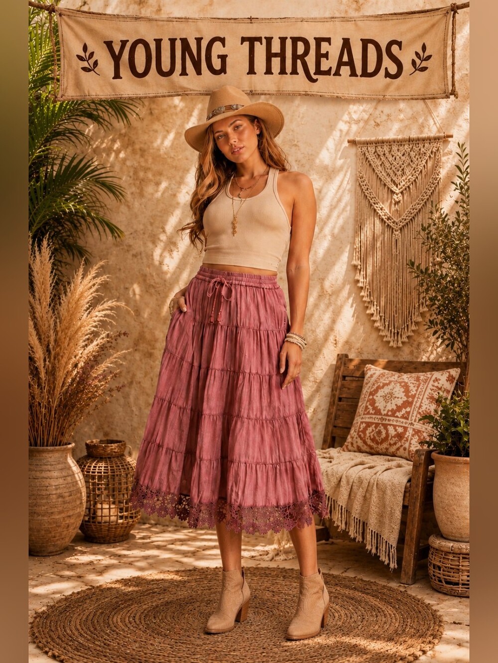 Young Threads Dusty Rose Tiered Midi Skirt with Lace Hem